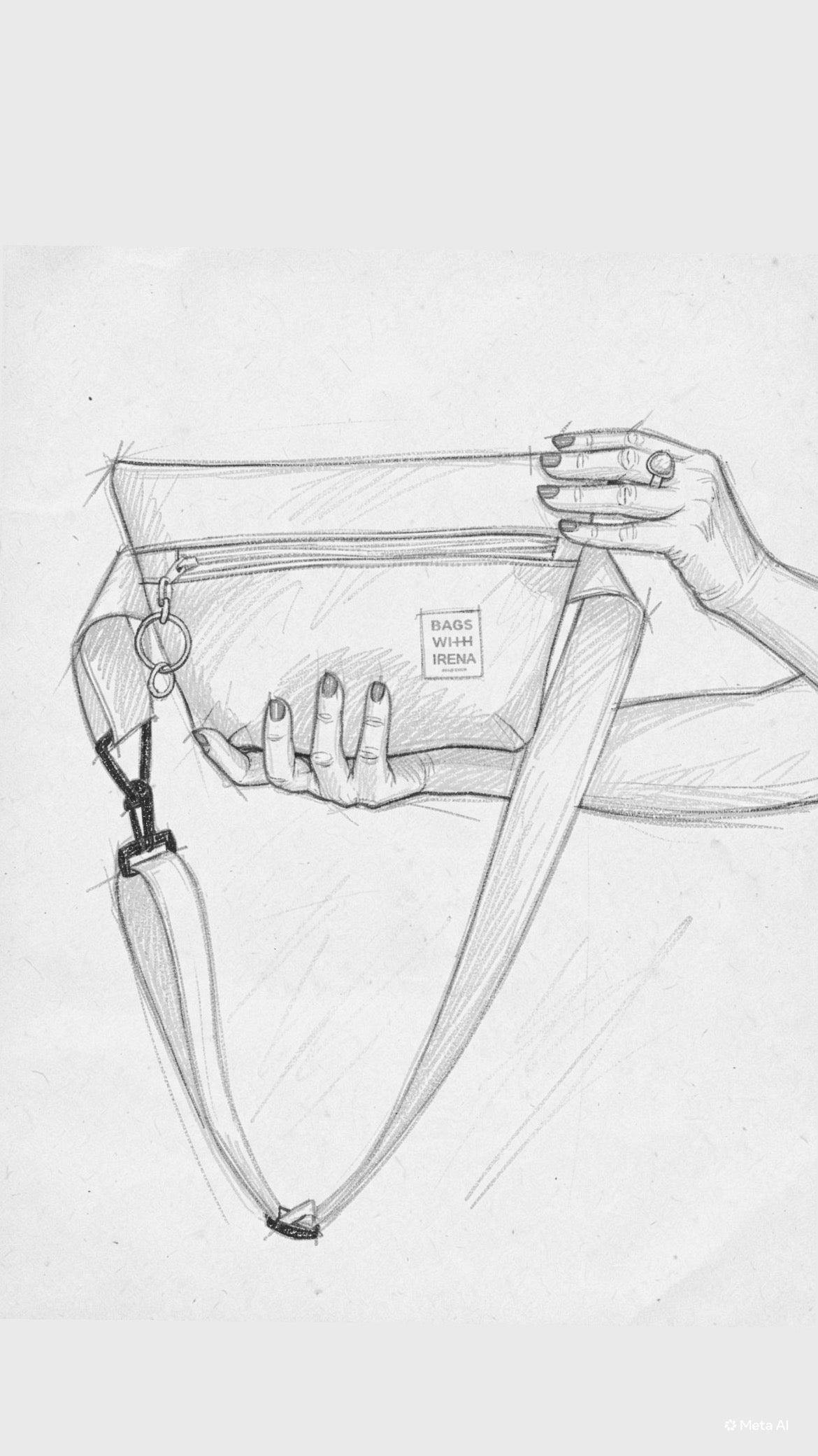 Pencil sketch of the bag2back bag held in a hand